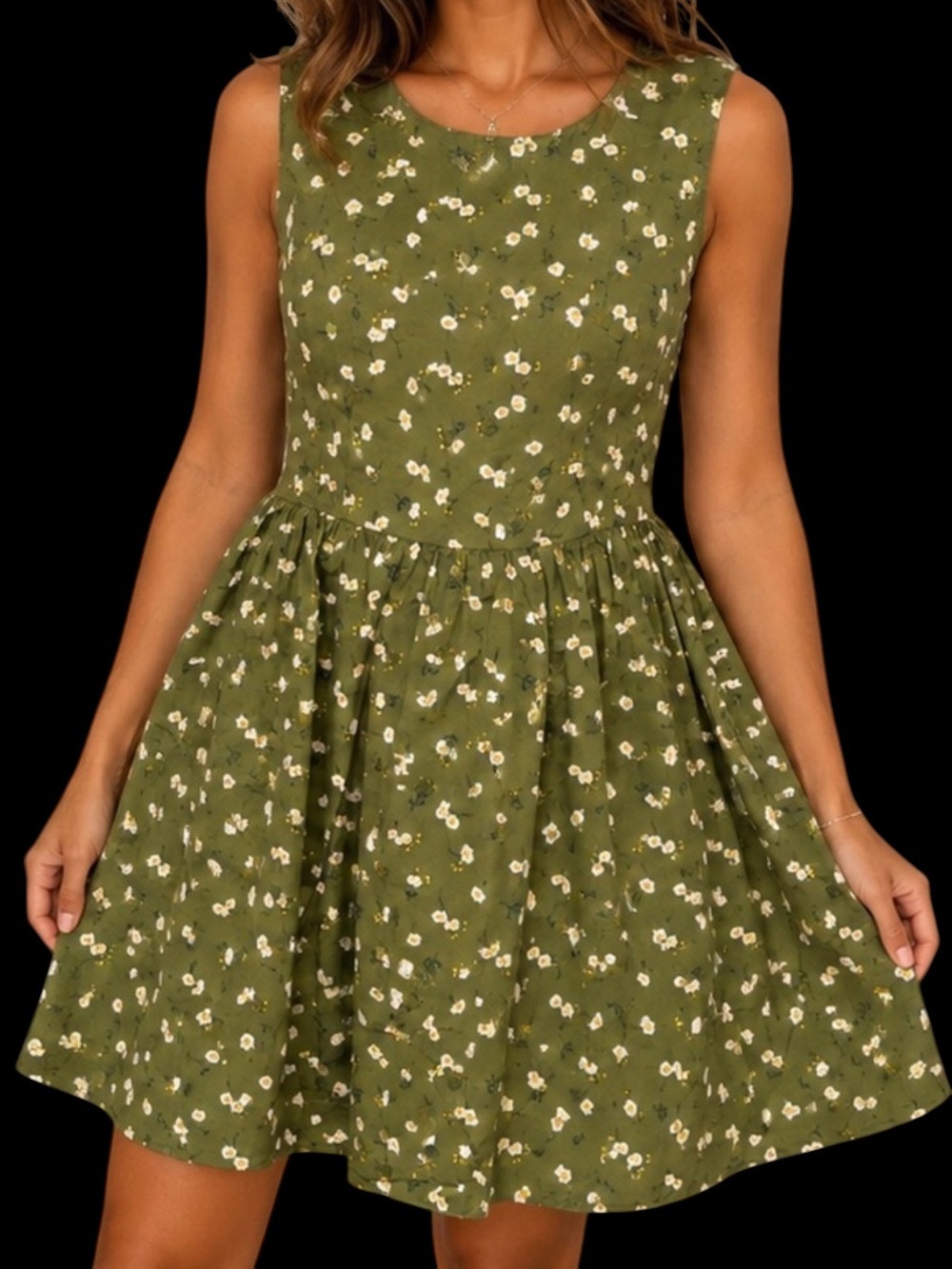 Tulip B Vintage Inspired Retro Dress Olive Green Floral Sleeveless Floral Daisy